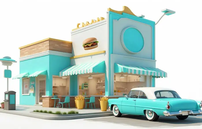 Vintage Car at a Classic Burger Stand Scene 3D Model Illustration
